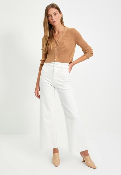 Trendyol - Crop corduroy knit cardigan - camel