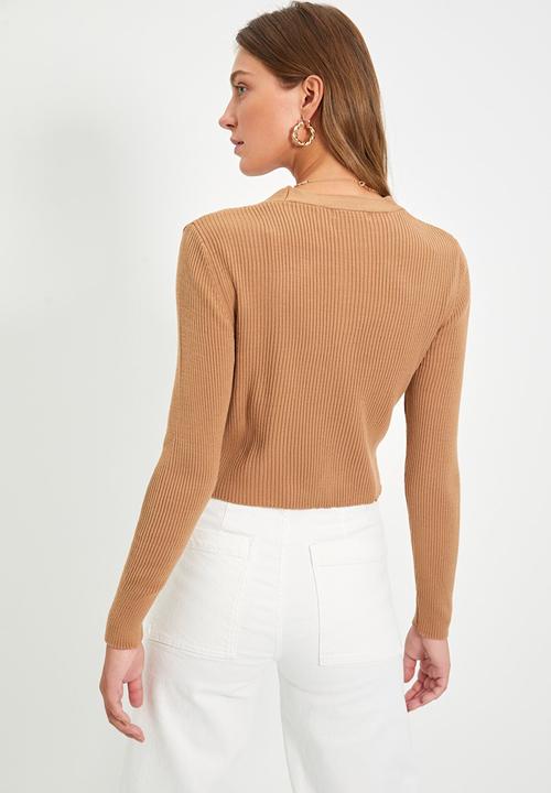 Trendyol - Crop corduroy knit cardigan - camel