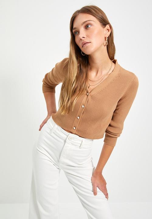 Trendyol - Crop corduroy knit cardigan - camel