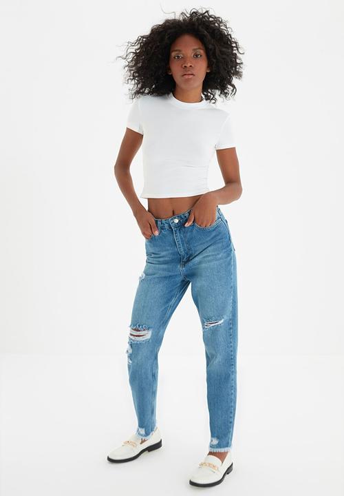 Trendyol - Ripped detailed high waist mom jeans - blue