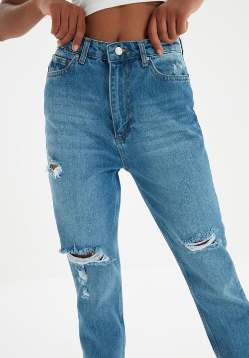 Trendyol - Ripped detailed high waist mom jeans - blue