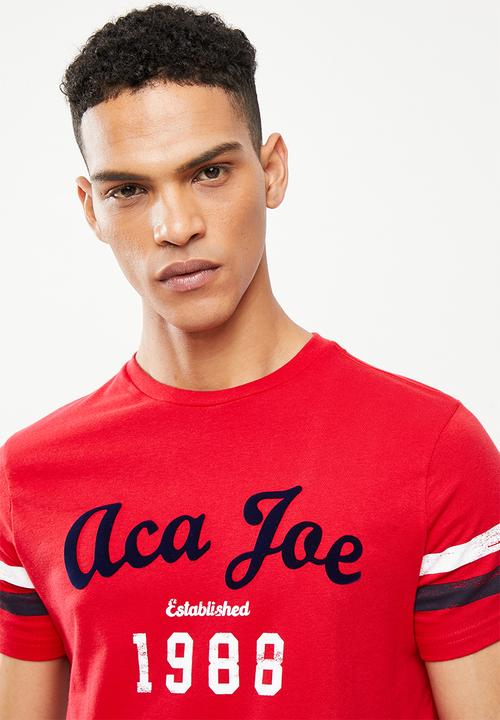 Aca Joe - Distressed flat print stripe sleeve tee - red