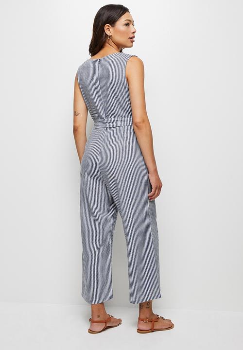 edit - Linen v-neck loose jumpsuit - indigo & white 