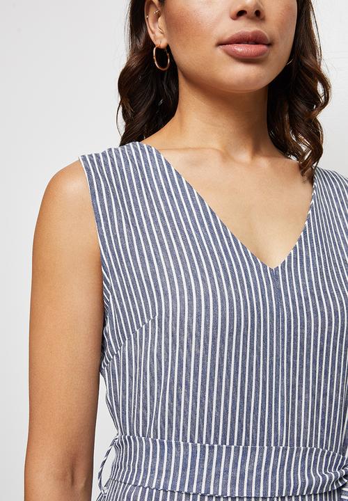 edit - Linen v-neck loose jumpsuit - indigo & white 