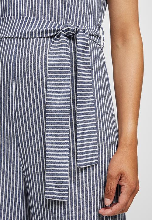 edit - Linen v-neck loose jumpsuit - indigo & white 