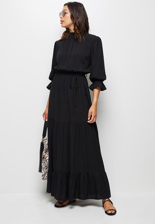 edit - Round neck tiered fit & flare maxi dress - black