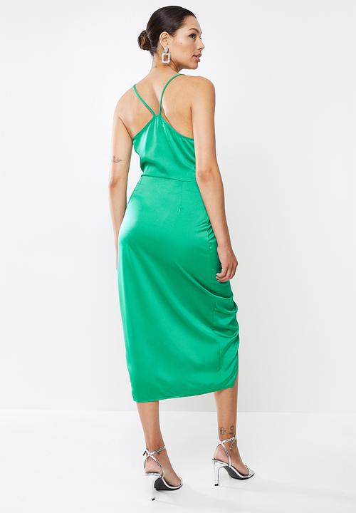 Missguided - Asym strap drape satin midi dress - green