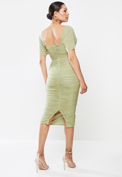 Missguided - Mesh ruched bardot midi dress - khaki
