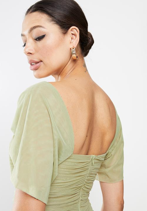 Missguided - Mesh ruched bardot midi dress - khaki