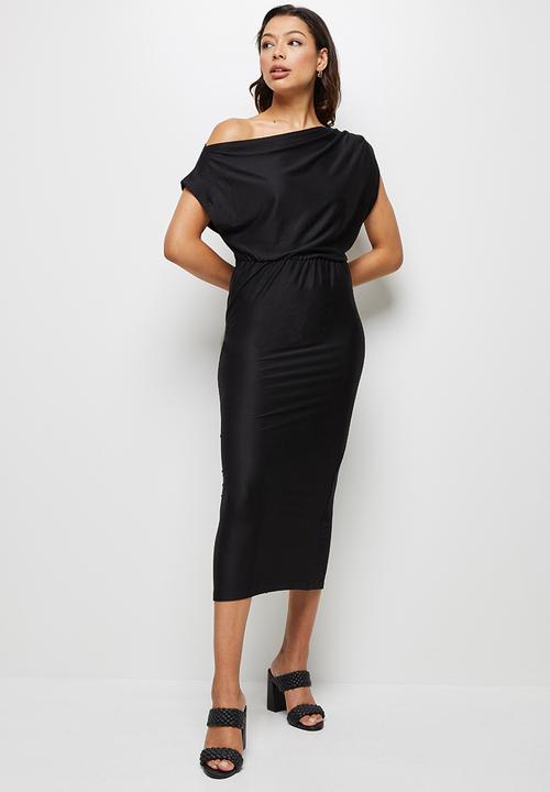 MILLA - Brushed knit slash neck midi dress - black