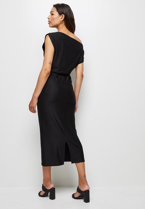 MILLA - Brushed knit slash neck midi dress - black