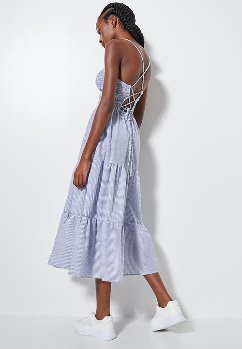 Superbalist - Shirred halter midi - blue & white stripe