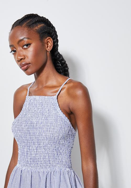 Superbalist - Shirred halter midi - blue & white stripe