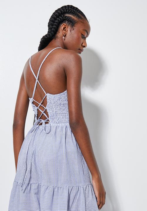 Superbalist - Shirred halter midi - blue & white stripe