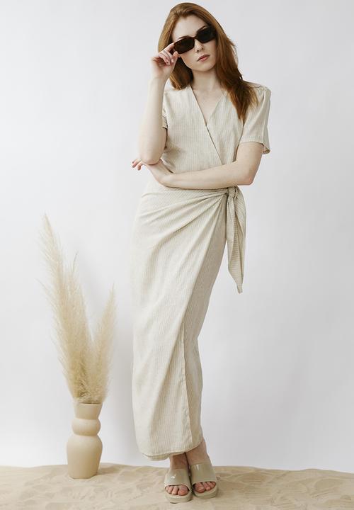 Me&B - Wrap linen dress - stone/milk stripe