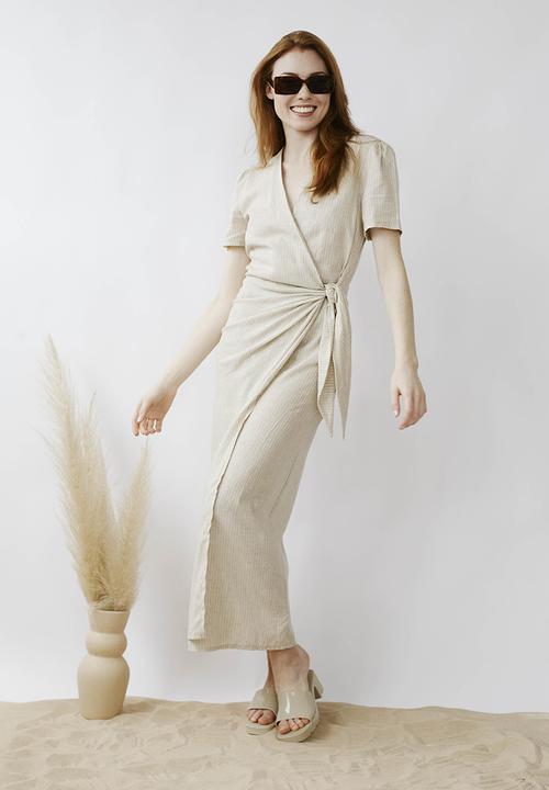Me&B - Wrap linen dress - stone/milk stripe