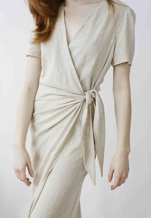 Me&B - Wrap linen dress - stone/milk stripe