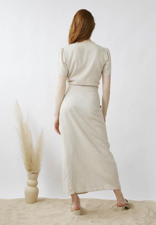 Me&B - Wrap linen dress - stone/milk stripe