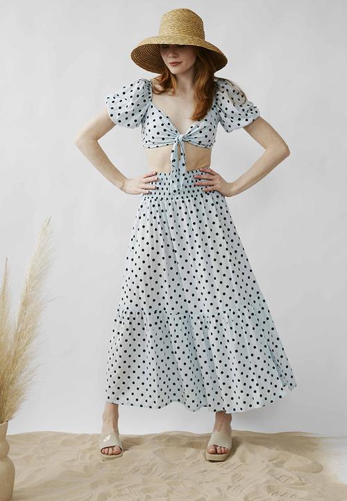 Me&B - Shirring skirt with slit - blue spot 