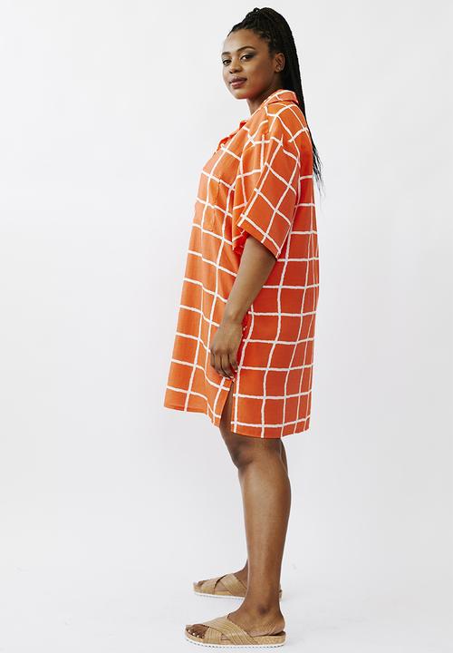 Me&B - Plus short shirtdress - coral check