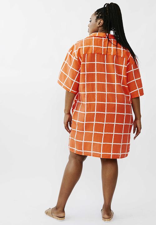 Me&B - Plus short shirtdress - coral check