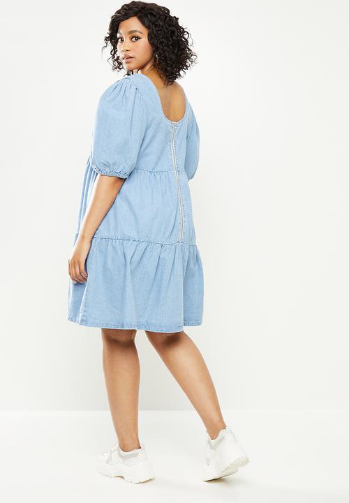 Missguided - Plus tiered chambray puff sleeve dress - blue