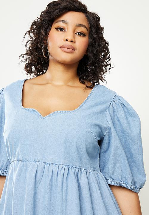 Missguided - Plus tiered chambray puff sleeve dress - blue