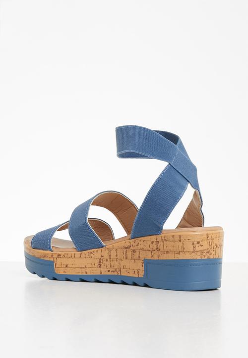 Seduction - Elastic strap cork wedge heel - petrol blue