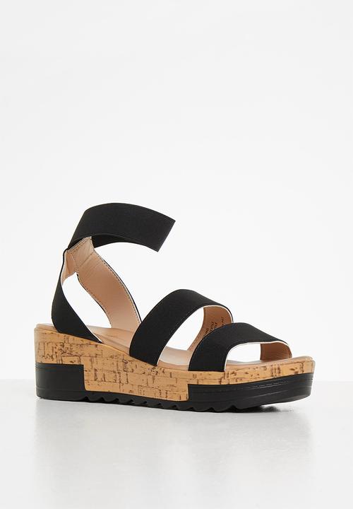 Seduction - Elastic strap cork wedge heel - black