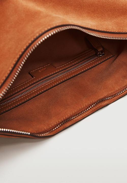 MANGO - Leather baguette bag - burnt orange