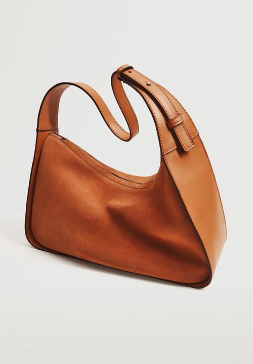 MANGO - Leather baguette bag - burnt orange