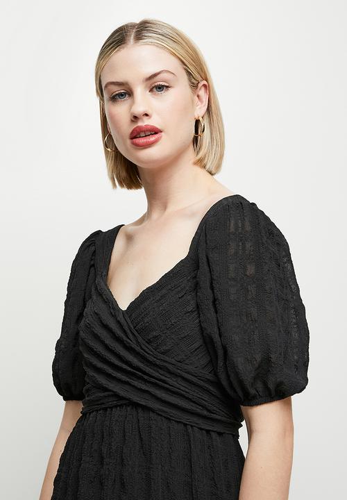 MILLA - Wrap bodice square neck dress - black