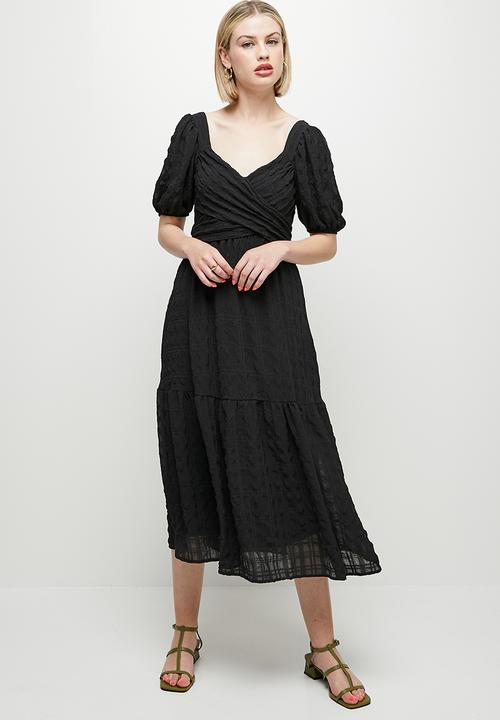 MILLA - Wrap bodice square neck dress - black