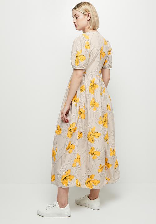 edit - Puff sleeve cotton a-line midi - stone & yellow