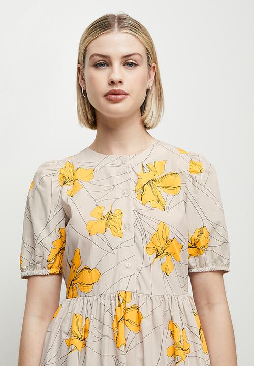 edit - Puff sleeve cotton a-line midi - stone & yellow