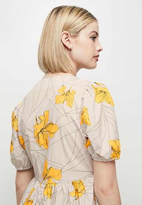 edit - Puff sleeve cotton a-line midi - stone & yellow