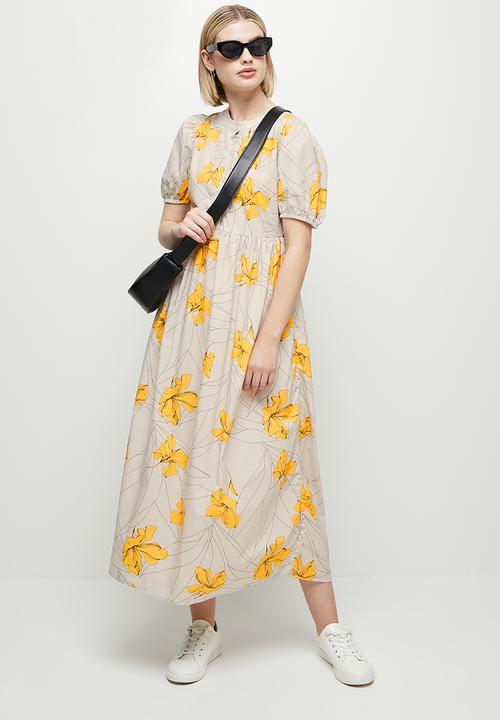 edit - Puff sleeve cotton a-line midi - stone & yellow