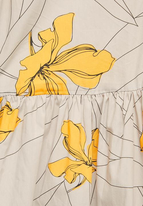 edit - Puff sleeve cotton a-line midi - stone & yellow