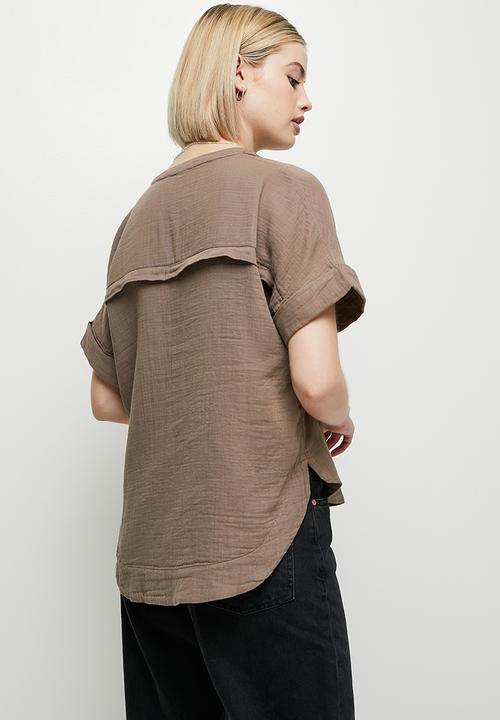 edit - Mandarin collar boxy shirt - brown