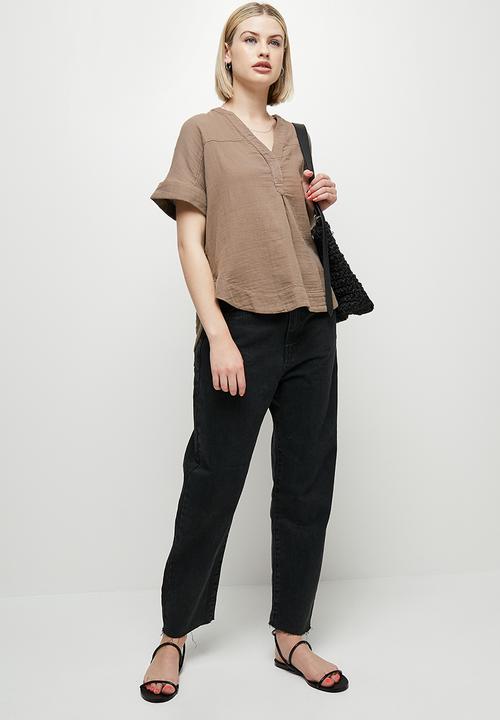 edit - Mandarin collar boxy shirt - brown