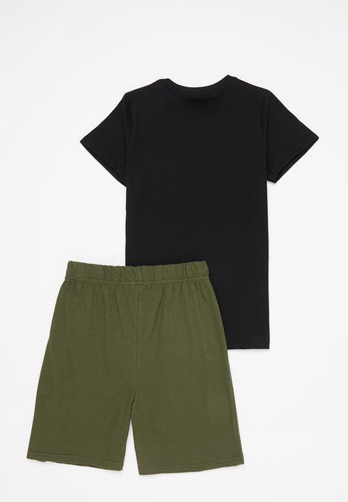 Rebel Republic - Boys tee & shorts pj set - black & olive
