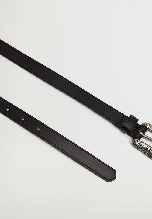 MANGO - Engraved buckle leather belt - black