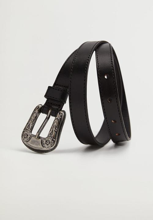 MANGO - Engraved buckle leather belt - black