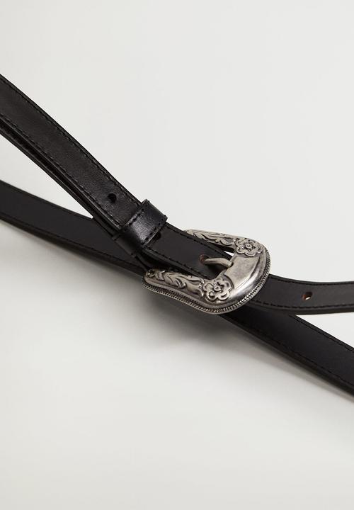MANGO - Engraved buckle leather belt - black