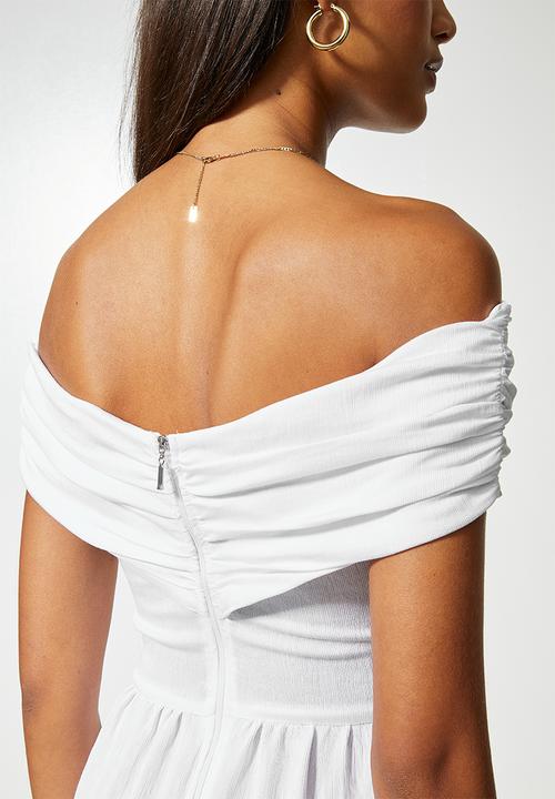 VELVET - Textured crossover bardot midi tiered dress - white