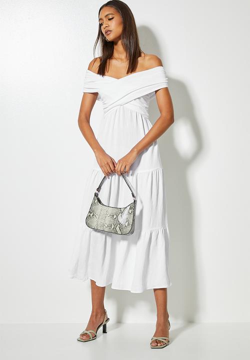 VELVET - Textured crossover bardot midi tiered dress - white