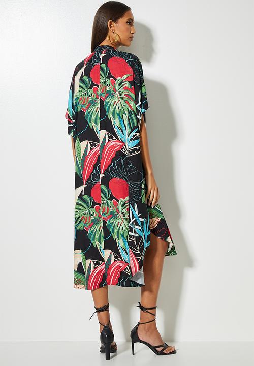 VELVET - Mandarin collar kaftan dress - tropical multi