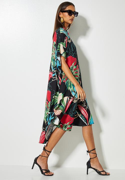 VELVET - Mandarin collar kaftan dress - tropical multi