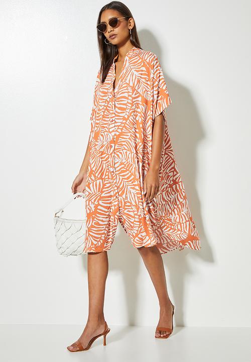 VELVET - Mandarin collar kaftan dress - leaf print