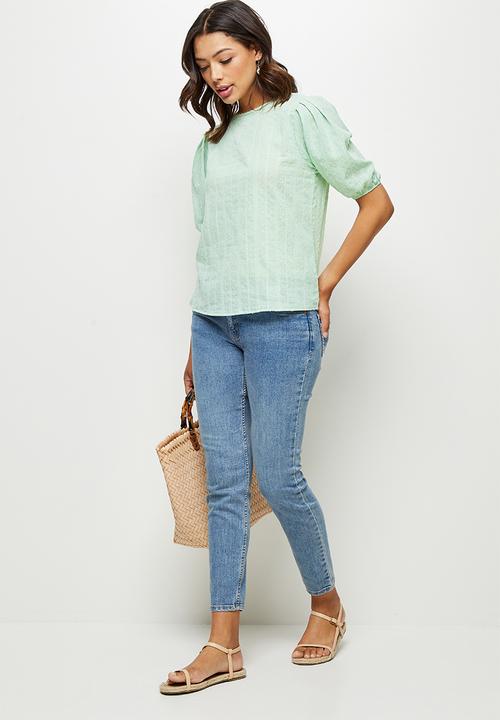 edit - Dobby puff sleeve blouse - dusty aqua